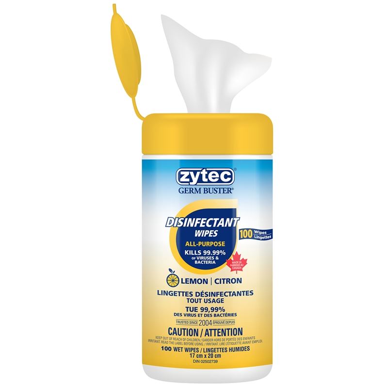 zytec Germ Buster Disinfectant Wipes, Lemon Scented, 100/PK