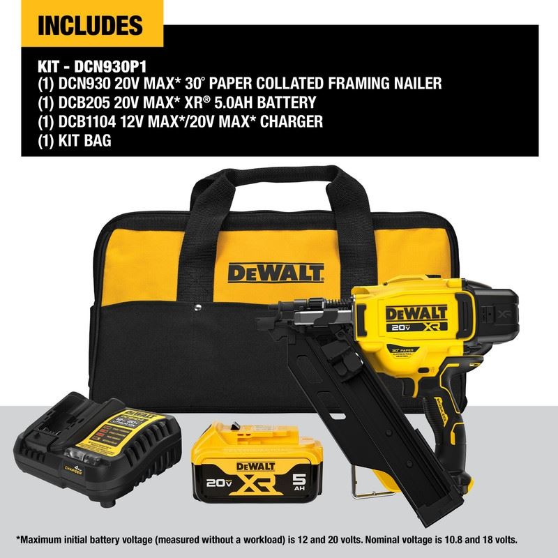 DEWALT DCN930P1 20V MAX Brushless Cordless 30 degree Paper Tape Framing Nailer Kit