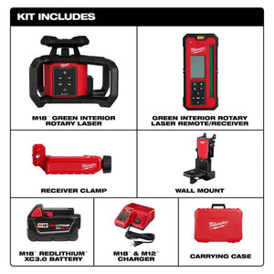 Milwaukee 3702-21 M18 Green Interior Rotary Laser Level Kit w/ Remote/Receiver and Wall Mount Bracket