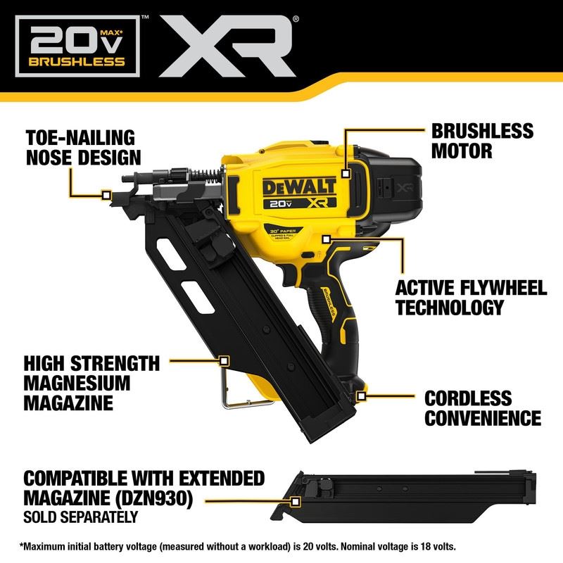 DEWALT DCN930B 20V MAX Brushless Cordless 30 degree Paper Tape Framing Nailer - Bare Tool