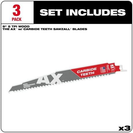 Milwaukee 48-00-5326 SAWZALL The AX with Carbide Teeth Wood Blades - 9in (3pk)