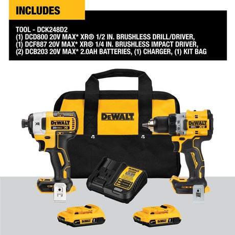 DEWALT DCK248D2 DEWALT 20V MAX* XR Brushless Cordless 1/2 in. Drill/Driver and 1/4 in. Impact Driver Kit