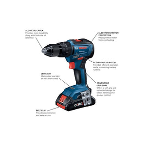 Bosch GSB18V-490B12 18V EC Brushless 1/2 In. Hammer Drill/Driver Kit with (1) 2 Ah Standard Power Battery