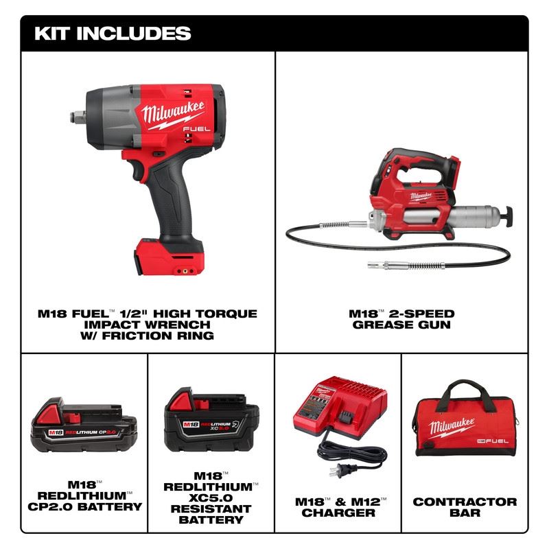 Milwaukee 2967-22GG M18 FUEL 1/2in HTIW w/ Friction Ring and Grease Gun Combo Kit