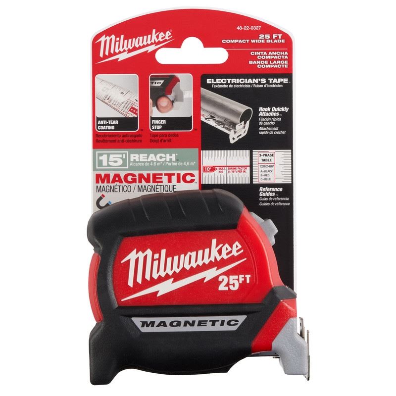 Milwaukee 48-22-0327 25ft Electricians Compact Wide Blade Magnetic Tape Measure