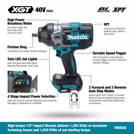 Makita TW002GZ 40Vmax XGT Brushless 1/2" High Torque Impact Wrench