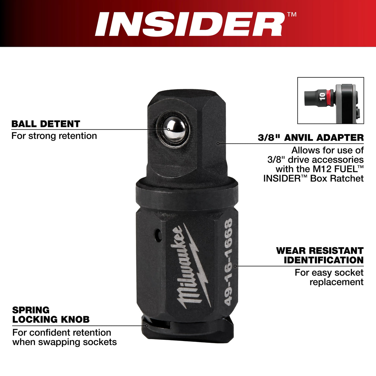 Milwaukee 49-16-1668 INSIDER™ Box Ratchet 3/8" Anvil Adapter