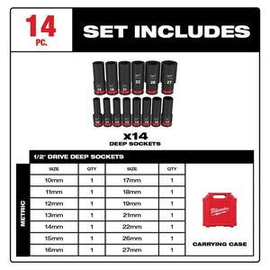 Milwaukee 49-66-7014 14PC SHOCKWAVE Impact Duty 1/2in Drive Metric Deep 6 Point Socket Set