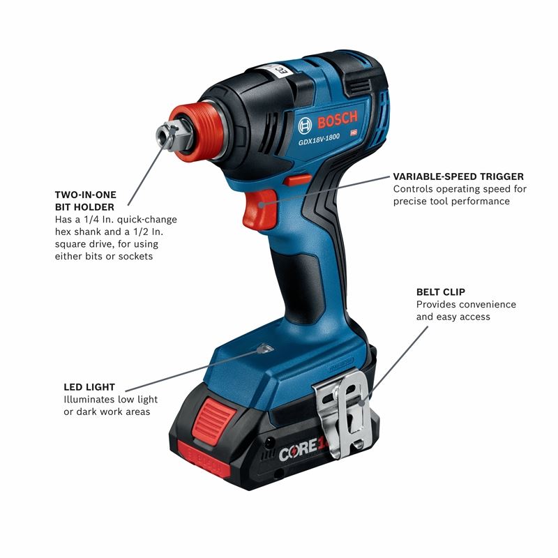 Bosch GXL18V-501B25 18V 5 Tool Combo Kit with Two In One Bit/Socket Impact Driver, 1/2 In. Hammer Drill/Driver, Reciprocating Saw, Circular Saw, LED Worklight and (2) CORE18V 4.0 Ah Compact Batteries