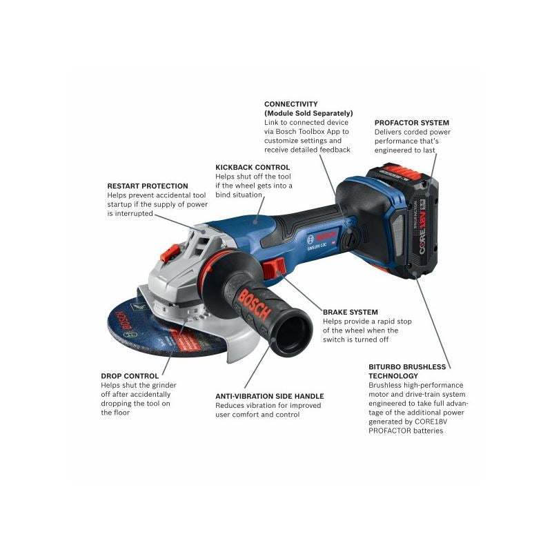 Bosch GWS18V-13CB14 18v 5 â€“ 6 In. Angle Grinder Kit with (1) CORE18V 8.0 Ah PROFACTOR Performance Battery