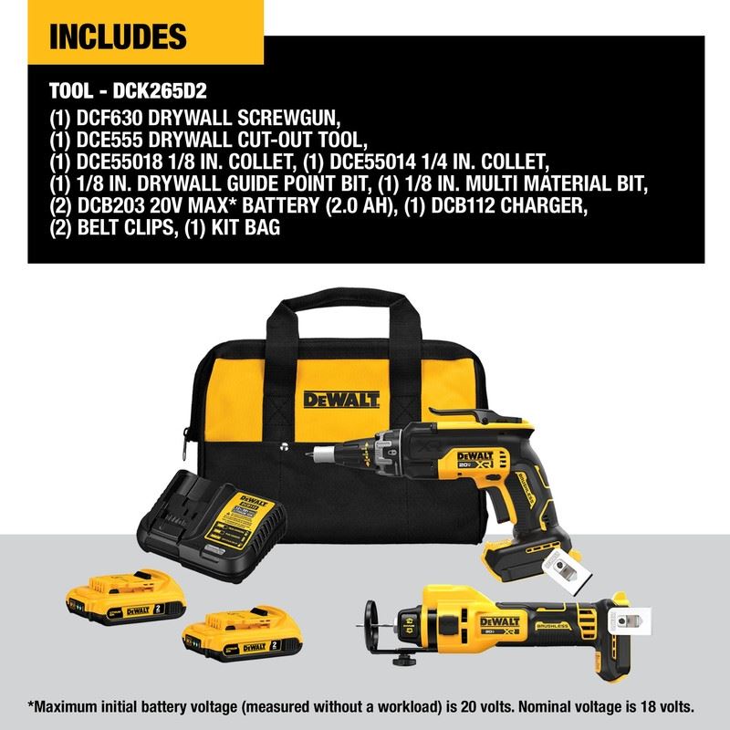 DEWALT DCK265D2 20V MAX XR Brushless Drywall Screwgun and Cut-Out Tool Combo Kit (2.0Ah)