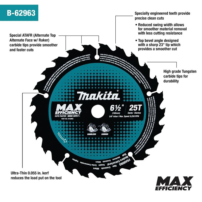 Makita B-62963 6â€‘1/2in 25T Carbideâ€‘Tipped Max Efficiency Circular Saw Blade