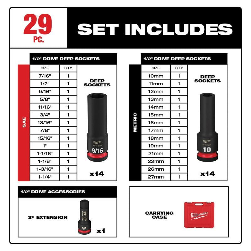 Milwaukee 49-66-7016 29PC SHOCKWAVE Impact Duty 1/2in Drive SAE & Metric Deep 6 Point Socket Set