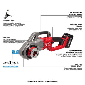 Milwaukee 2870-22 M18 FUEL Compact Pipe Threader w/ ONE-KEY w/ 1/2in - 1-1/4in Compact NPT Forged Aluminum Die Heads