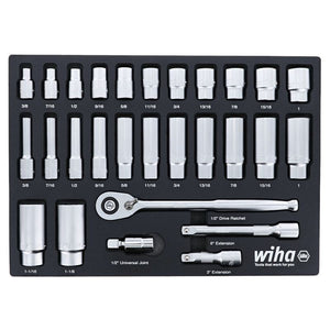 WIHA 33896 28 Piece 1/2â€ Drive Professional Standard and Deep Socket Tray Set - SAE