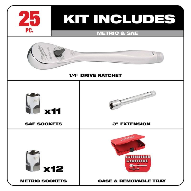 Milwaukee 48-22-9044 25pc 1/4in Drive Metric and SAE Ratchet and Socket Set with FOUR FLAT SIDES