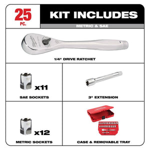 Milwaukee 48-22-9044 25pc 1/4in Drive Metric and SAE Ratchet and Socket Set with FOUR FLAT SIDES