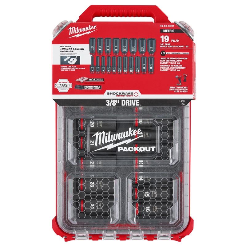 Milwaukee 49-66-6801 SHOCKWAVE Impact Duty Socket 3/8in Dr 19PC MM PACKOUT Set