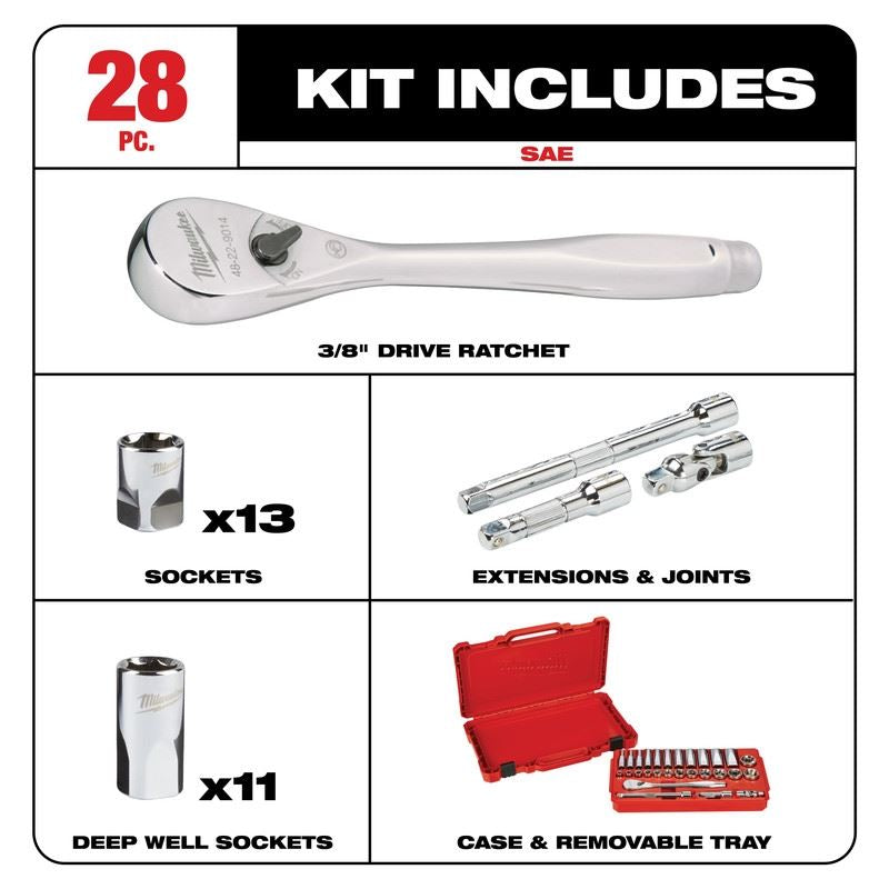 Milwaukee 48-22-9408 3/8in Drive 28pc Ratchet  and Socket Set- SAE