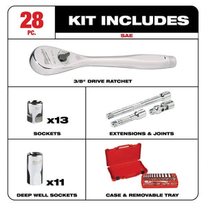 Milwaukee 48-22-9408 3/8in Drive 28pc Ratchet  and Socket Set- SAE