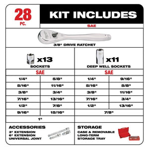 Milwaukee 48-22-9408 3/8in Drive 28pc Ratchet  and Socket Set- SAE