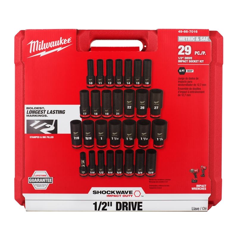 Milwaukee 49-66-7016 29PC SHOCKWAVE Impact Duty 1/2in Drive SAE & Metric Deep 6 Point Socket Set