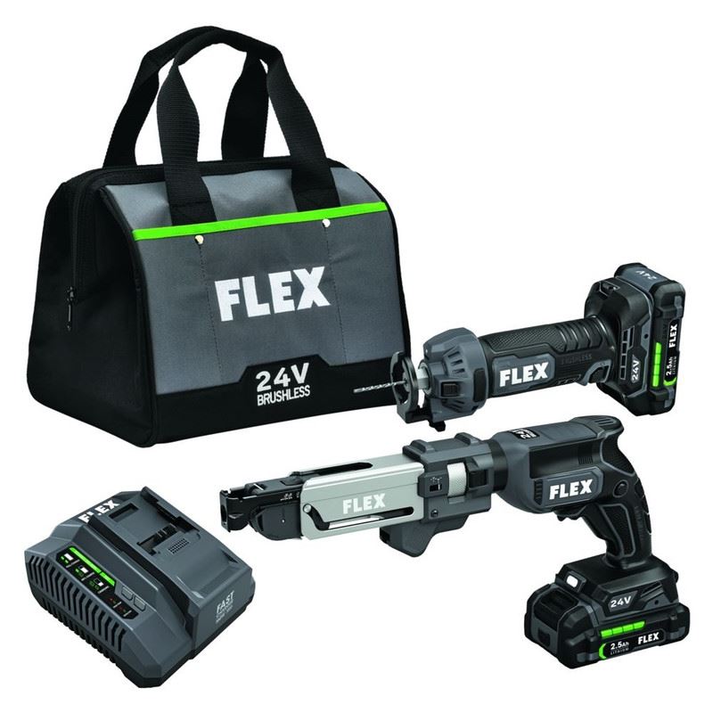 FLEX FXM203-2A 24V Brushless Drywall Screw Gun w/ magazine and Cut Out Tool Kit