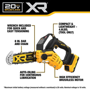 DEWALT DCCS623L1 20V MAX 8 in. Brushless Cordless Pruning Chainsaw Kit with 3 Ah Battery