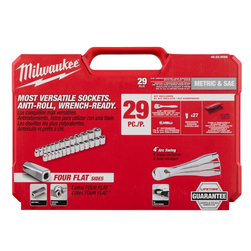 Milwaukee 48-22-9088 29pc 3/8in Drive Metric and SAE Ratchet and Socket Set with FOUR FLAT SIDES