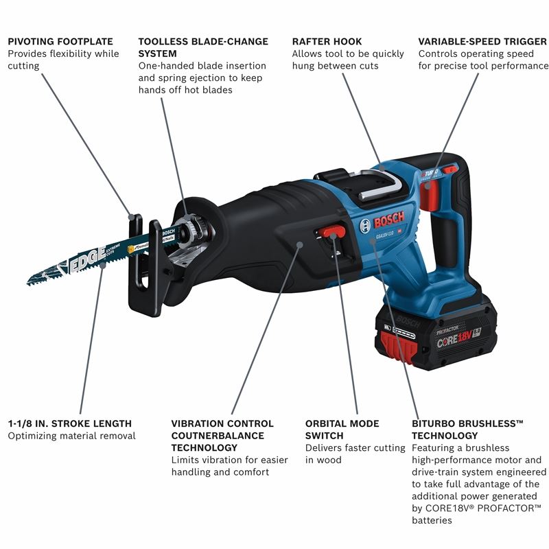 Bosch GSA18V-110B14 PROFACTOR 18V 1-1/8 In. Reciprocating Saw Kit with (1) CORE 18V 8.0 Ah PROFACTOR Performance Battery