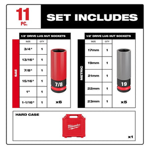 Milwaukee 49-66-7833 SHOCKWAVE Impact Duty 1/2 Drive SAE and Metric 11PC Lug Nut Wheel Socket Set