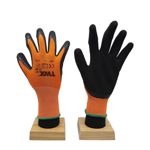 KNITTED POLYESTER GLOVES ORANGE WITH LATEX FOAM BLACK PALM