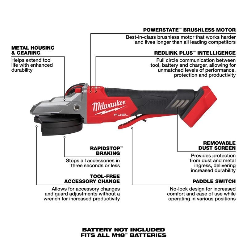 Milwaukee 2886-20 M18 FUEL 5in Flathead Braking Grinder, Paddle Switch No-Lock