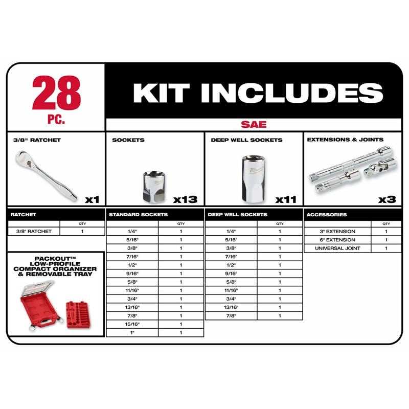 Milwaukee 48-22-9481 3/8in Drive 28pc Ratchet and Socket Set with PACKOUT Low-Profile Compact Organizer - SAE