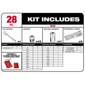 Milwaukee 48-22-9481 3/8in Drive 28pc Ratchet and Socket Set with PACKOUT Low-Profile Compact Organizer - SAE