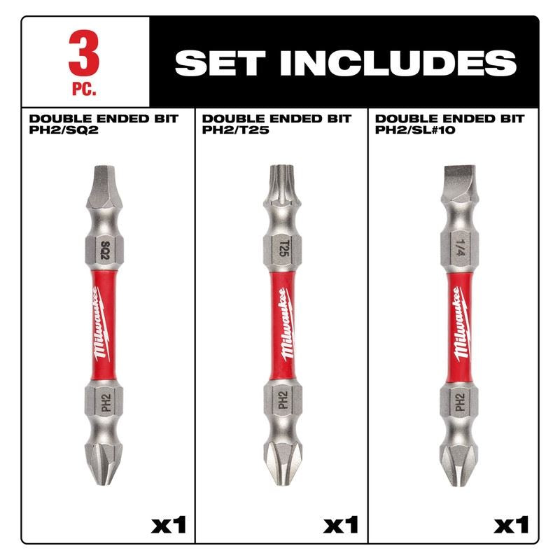 Milwaukee 48-32-4319 SHOCKWAVE Impact Duty PH2/SQ2/T25 Double Ended Bits 3PC