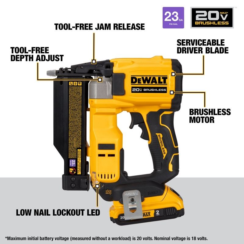 DEWALT DCN623D1 20V MAX XR, 23 GAUGE PIN NAILER - (2.0AH) W/ 1 BATTERY AND BAG