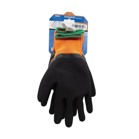 KNITTED POLYESTER GLOVES ORANGE WITH LATEX FOAM BLACK PALM