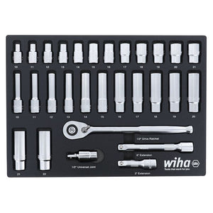 WIHA 33895 29 Piece 1/2â€ Drive Professional Standard and Deep Socket Tray Set - Metric