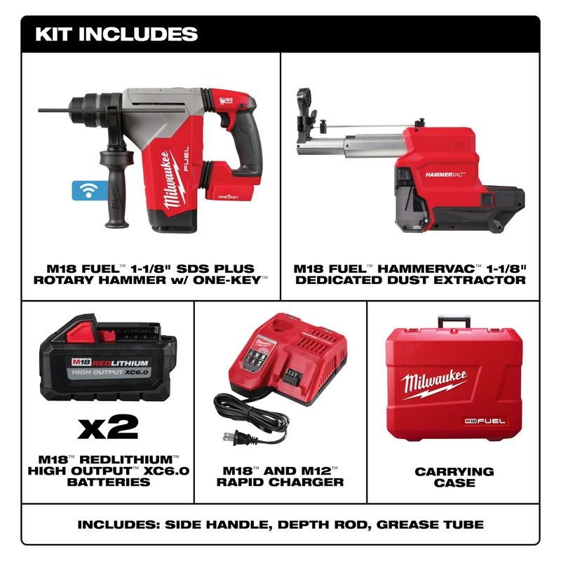 Milwaukee 2915-22DE M18 FUEL 1-1/8in SDS Plus Rotary Hammer w/ ONE-KEY and HAMMERVAC Dedicated Dust Extractor Kit