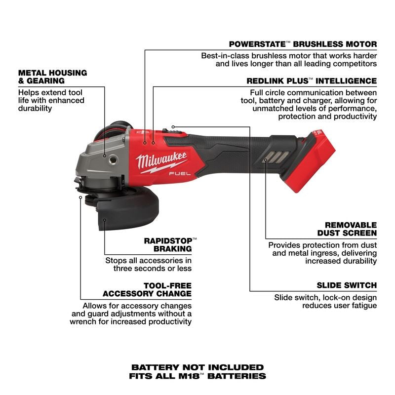 Milwaukee 2889-20 M18 FUEL 4-1/2in / 5in Variable Speed Braking Grinder, Slide Switch Lock-On