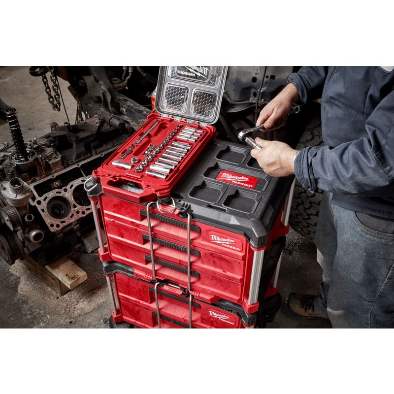 Milwaukee 48-22-9481 3/8in Drive 28pc Ratchet and Socket Set with PACKOUT Low-Profile Compact Organizer - SAE