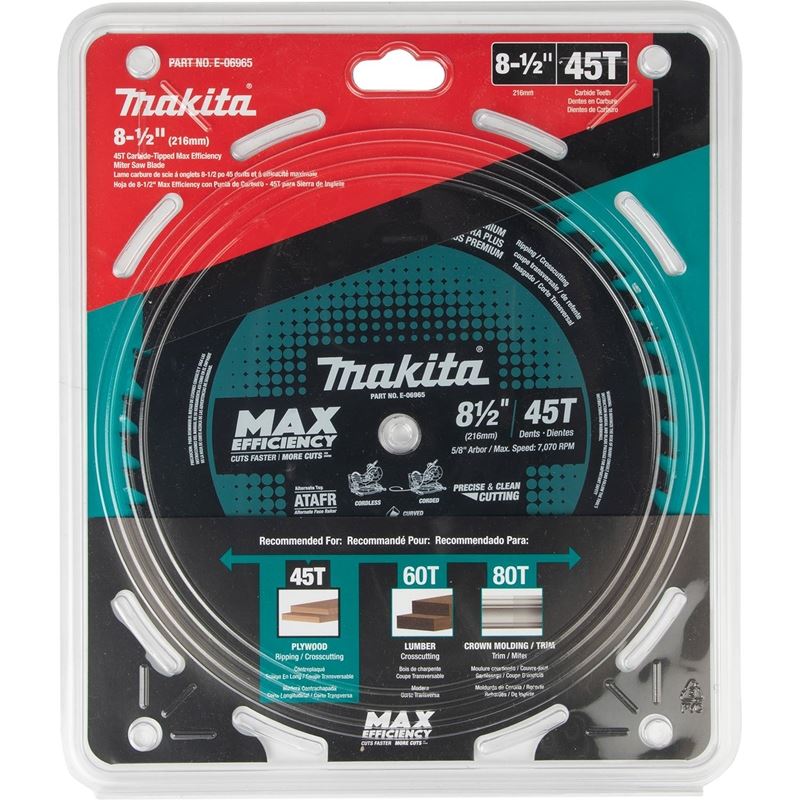 Makita E-06965 8â€‘1/2in 45T Carbideâ€‘Tipped Max Efficiency Miter Saw Blade