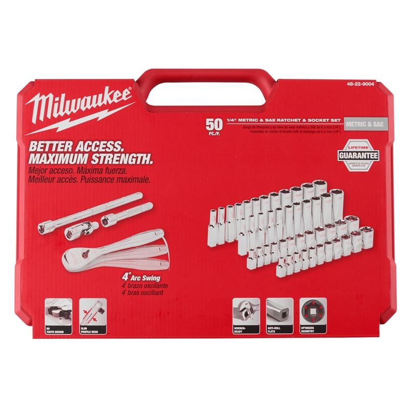 Milwaukee 48-22-9004 1/4 in Drive 50pc Ratchet and Socket Set - SAE and Metric