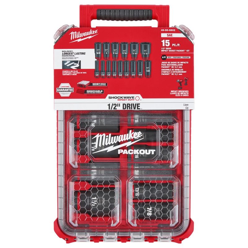 Milwaukee 49-66-6802 SHOCKWAVE Impact Duty Socket 1/2in Dr 15PC SAE PACKOUT Set