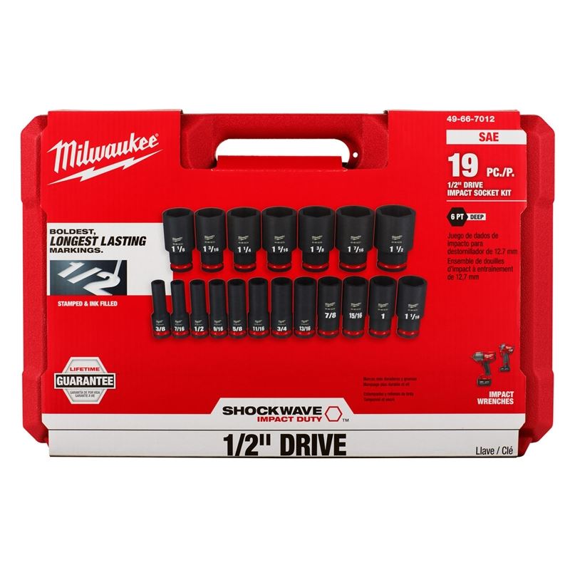 Milwaukee 49-66-7012 19PC SHOCKWAVE Impact Duty 1/2in Drive SAE Deep 6 Point Socket Set