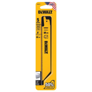 DEWALT DW4811 6in 18tpi Metal Cutting Bi-Metal Reciprocating Saw Blades - 5pk