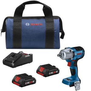 Bosch GDS18V-330CB25 18V Brushless Connected-Ready 1/2 In. Mid-Torque Impact Wrench Kit with Frictin Ring and Thru-Hole and (2) CORE 18V 4.0 Ah Compact Batteries