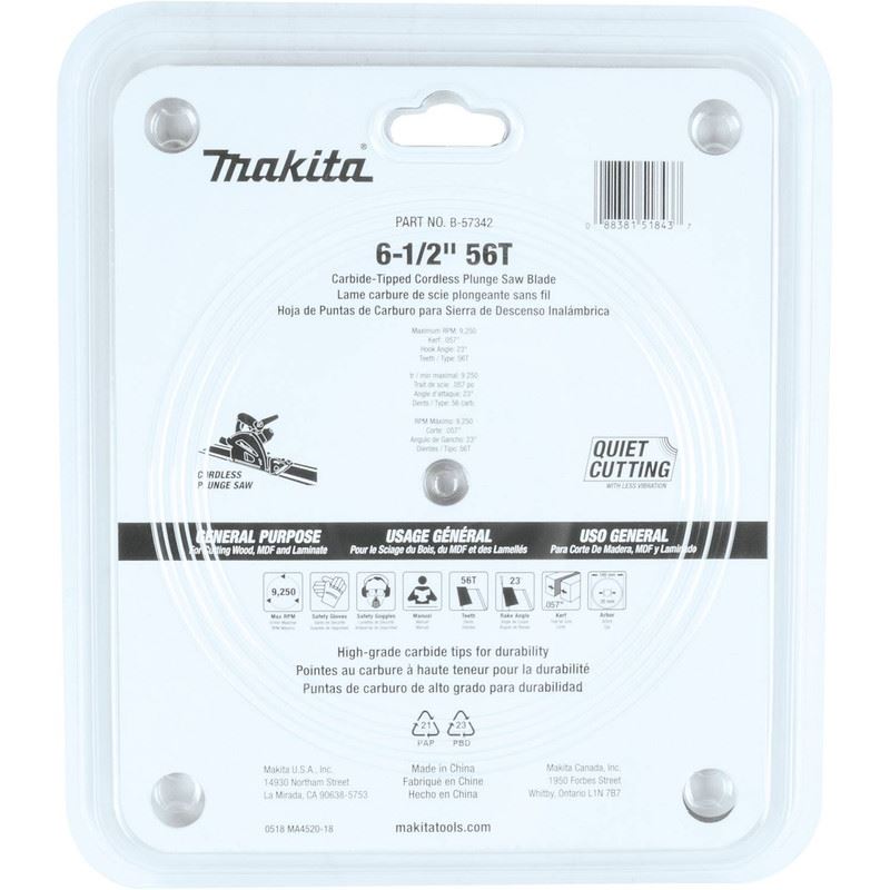 Makita B-57342 6-1/2in 56T Carbide Tipped Max Efficiency Cordless Plunge Saw Blade