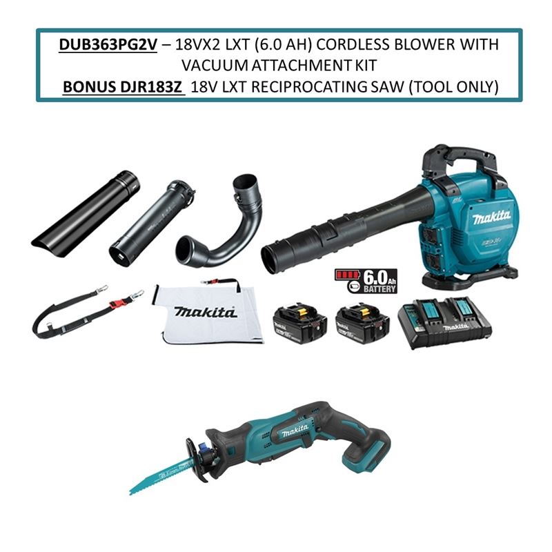 Makita DUB363PG2V 18VX2 LXT (6.0 Ah) Cordless Blower with Vacuum Attachment